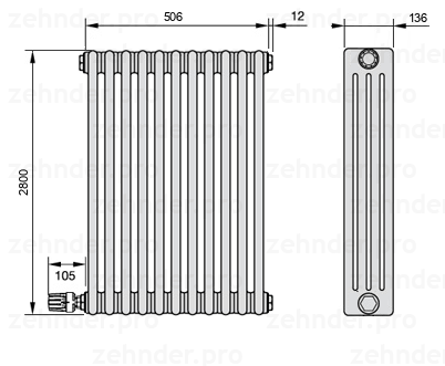 Схема (чертеж) Радиатор Zehnder Charleston 4280/11 №V003 Белый глянцевый RAL 9016